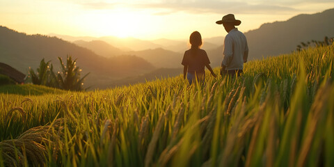 Fototapeta premium Adult and Child Walking in Rice Paddy at Sunset