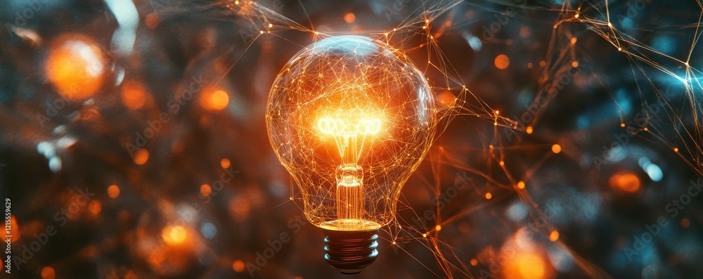 Poster illuminated light bulb with abstract network of glowing connections
