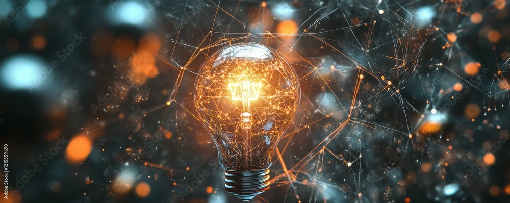 Aufkleber illuminated light bulb with network connections in a digital network background