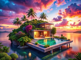 Fototapeta premium Surreal Oceanfront Villa: Dreamy Island Escape, Luxurious Coastal Retreat