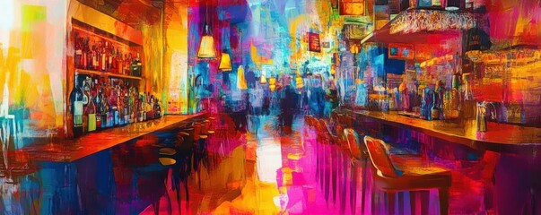 Vibrant abstract bar scene with colorful lights and dynamic atmosphere