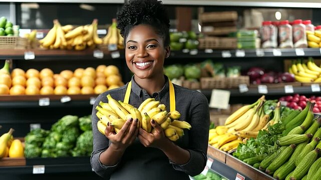 A smiling woman in an apron holds a bunch of ripe bananas in her store, framed by neatly organized rows of fruits and leafy greens.