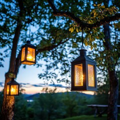 Twilight outdoor lantern lights hanging from trees at dusk nature photography ambiance capture wide angle view