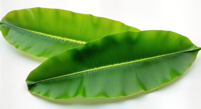 Two large banana leaves displayed against plain white background. Leaves show vibrant green color, distinct vein patterns. Image rich texture of tropical foliage. Close up shot of leaves displays