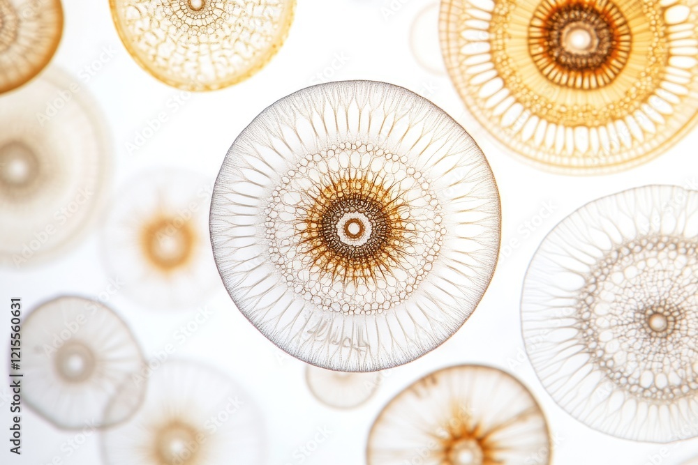 Poster microscopic image showcasing intricate, circular, translucent structures with radial patterns and br