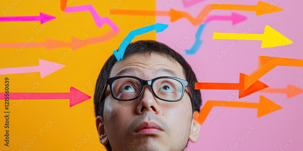 Poster man contemplating multidirectional arrows