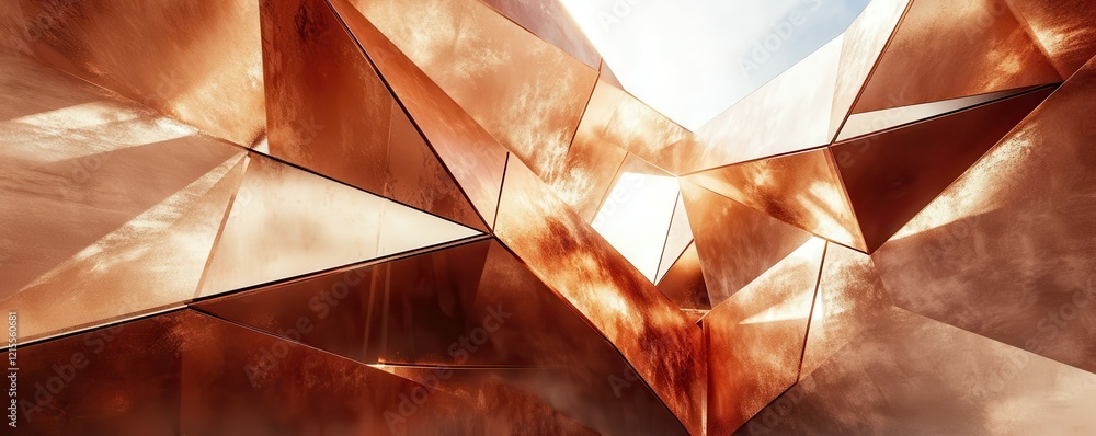 Poster abstract geometric copper structure with sunlight reflections and sharp angles