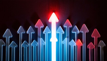 어두운 배경에 빛나는 형광색 화살표들이 배열되어 있고, 그 가운데 하나만 유독 더 밝은 빛을 발하는 장면