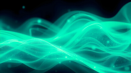 Fototapeta premium Abstract Texture with Turquoise Smoke and Glowing Particles. An ethereal swirl of glowing, turquoise smoke dances across a dark background, creating a mesmerizing and otherworldly scene.