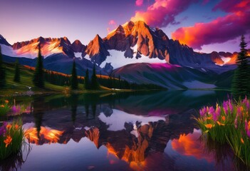 Fototapeta premium stunning sunset over majestic mountain landscapes highlighting vibrant colors scenic views splendor, scenery, nature, peak, sky, horizon, valley, clouds
