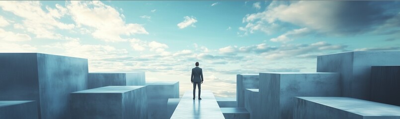 Obraz premium A person in formal attire stands on a narrow path, gazing out over a landscape of abstract structures. The sky is filled with wispy clouds illuminated by soft twilight colors.