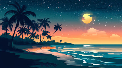 A serene beach scene at night, illuminated by stars and gentle waves, featuring palm trees and a glowing shoreline. Galactic Shores. Illustration
