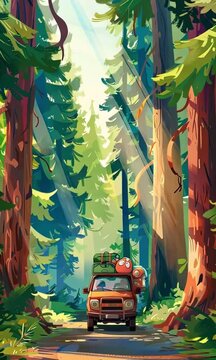 Un viaje en auto explorador por un bosque con senderos rodeados de altos pinos, estilo ilustraci&oacute;n o dibujos animados.