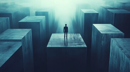 A solitary figure stands atop a massive, floating cube in a vast, foggy space filled with similar geometric shapes. The atmosphere is ethereal and dreamlike, evoking contemplation.