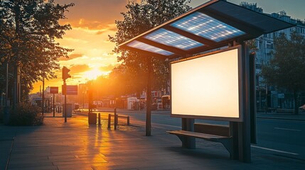Sunset scene at urban bus stop city street photography evening atmosphere wide-angle view urban serenity