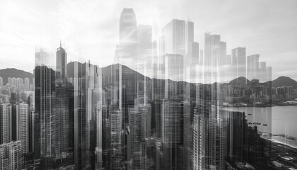 Luxury Modern Highrise Buildings And Cityscape Double Exposure: Ideal For Business And Finance Concepts In Monochrome Photography