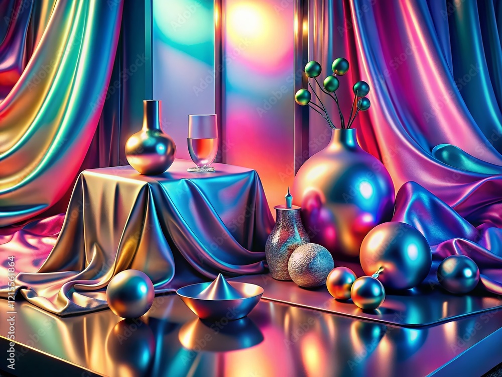 Poster surreal silver still life: ethereal metallic objects in dreamlike setting
