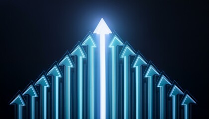 어두운 배경에 빛나는 형광색 화살표들이 배열되어 있고, 그 가운데 하나만 유독 더 밝은 빛을 발하는 장면