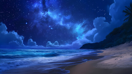 Breathtaking beach landscape with the milky way galaxy illuminating the serene ocean waves and shoreline under a starry night sky. Galactic Shores. Illustration