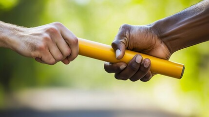 Business Team Building Activity Goal Relay race baton exchange in motion.