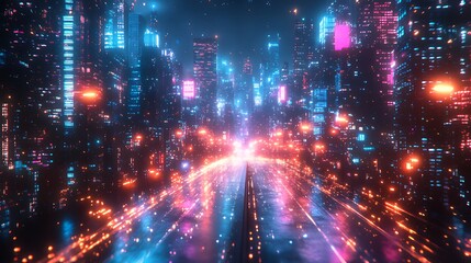 Fototapeta premium Neon Cityscape Highway Drive, Futuristic Night