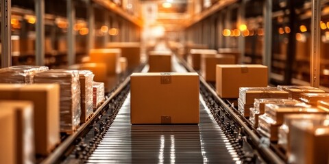 Fototapeta premium Packages are on a conveyor belt in a modern warehouse, demonstrating efficient logistics operations