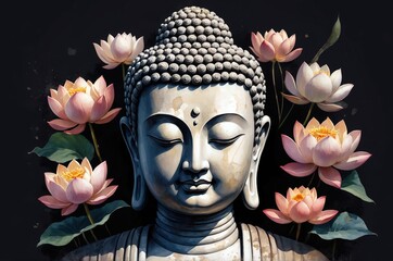 Colorful Buddha statue portrait vintage painting with flower decoration, culture and religion theme concept illustration texture design.
