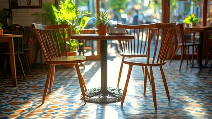 Sunny cafe interior, two chairs, table, street view