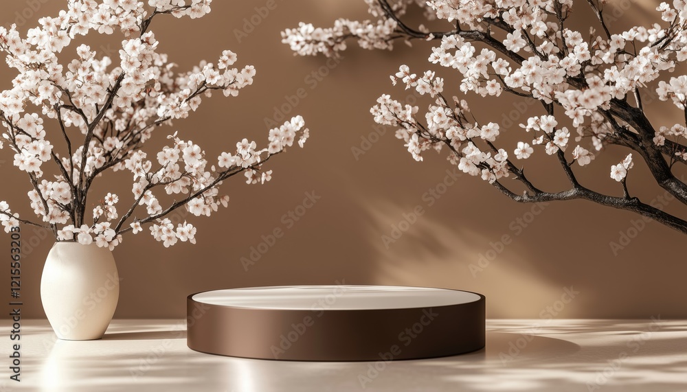 Poster abstract podium and sakura with brown for product presentation branding in cosmetic rendering.