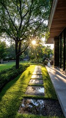 Fototapeta premium Stylish decorative garden stakes enhance a well-kept yard under afternoon sunlight creating playful shadows low angle view gigapixel quality