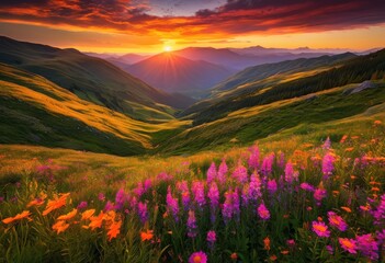 breathtaking vibrant sunset over lush green valley panorama rich colors natural beauty, view, landscape, picturesque, nature, sky, clouds, horizon, light