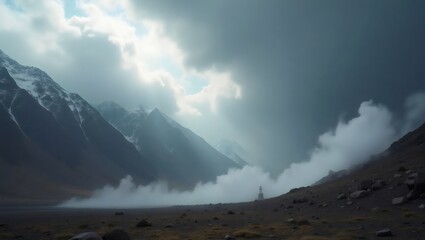 Mountain Landscape with Dust Cloud Rocky Terrain Weathered Peaks and Distant Structure