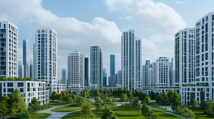 Obraz premium A city park with buildings made of biophilic designs, connecting humans and nature