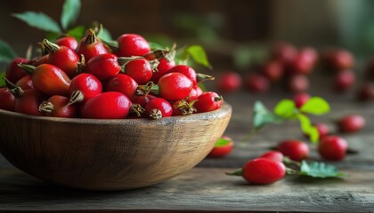 Wooden Bowl Filled With Freshly Picked Dog Rose Hips: Commonly Known As Rosa Canina. Rich In Nutrients And Antioxidants.