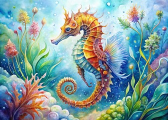 Obraz premium Surreal Watercolor Seahorse in Vibrant Underwater Scene, Isolated White Background - Stock Image