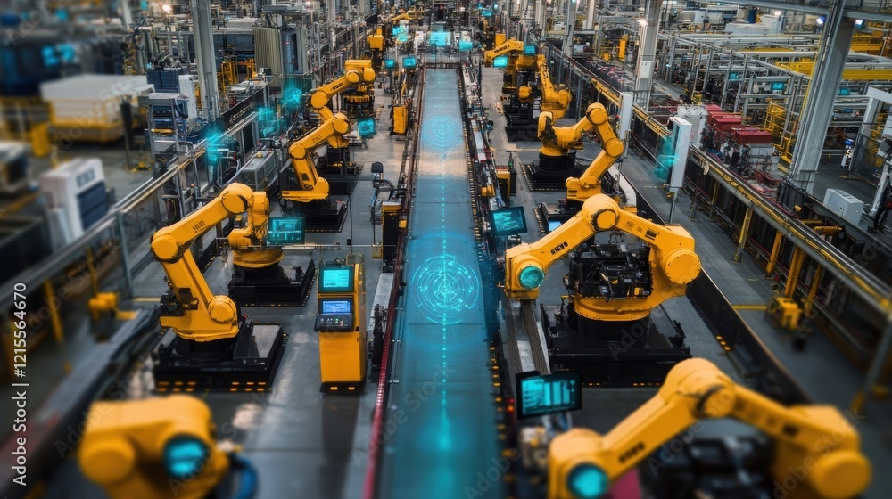 Poster robotic arms operating on an assembly line in a modern car factory utilize artificial intelligence, 