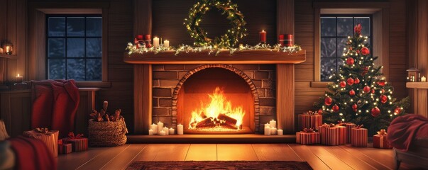 Obraz premium Cozy christmas fireplace scene with decorated tree and holiday gifts