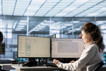 IT engineer in data center using PC to find misconfigurations affecting rackmounts. Woman checking servers bottlenecks leading to sluggish data transfer rates, doing maintenance