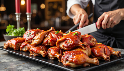 Naklejka premium Chef skillfully slicing savory Peking duck in elegant banquet room