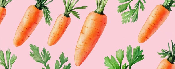 Watercolor carrot pattern with green leaves on pink background