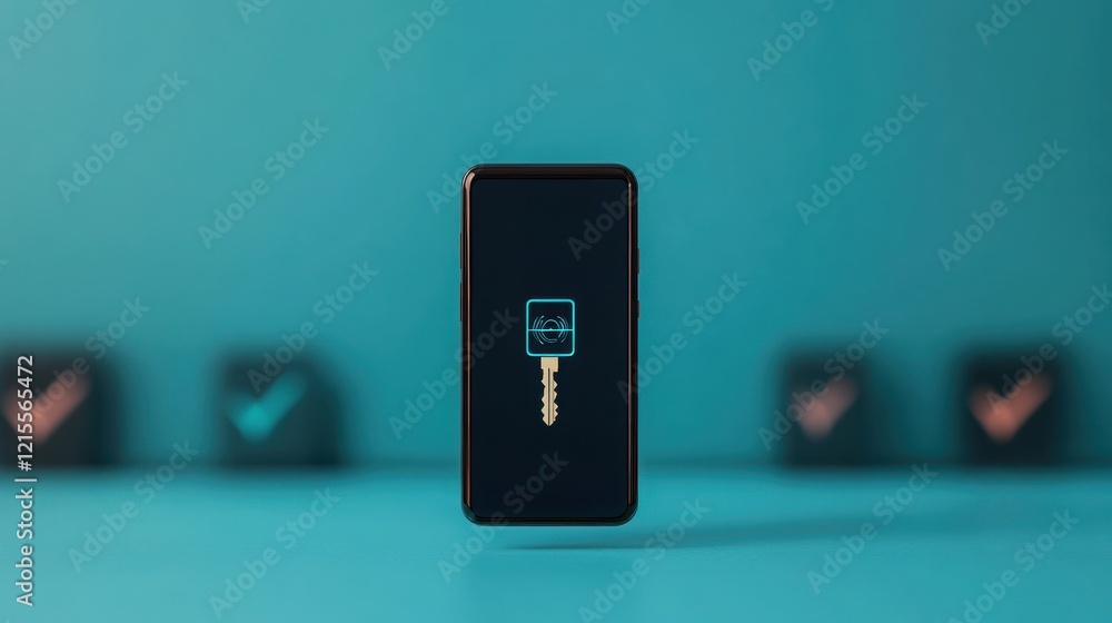 Poster smartphone display featuring a key symbol, representing security and digital solutions in a modern t