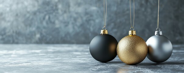 Elegant trio of silver, black, and gold christmas ornaments on subtle textured background