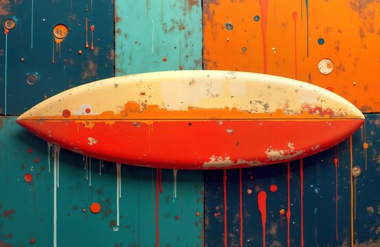 Vintage surfboard hangs on colorful background. Retro style surfboard with distressed paint reminiscent of 1960s California beach culture. Vibrant colors, drips of paint add dynamic effect. Surfboard