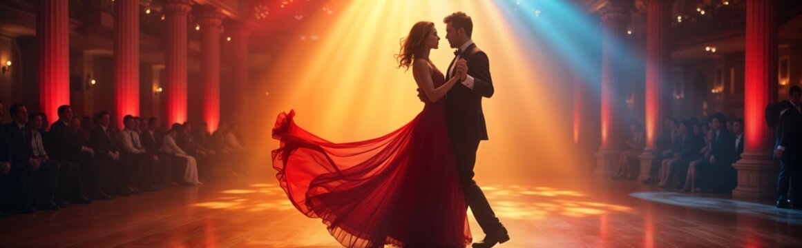 Elegant couple dances passionately in grand ballroom. Audience watches. Red dress. Man in suit. Latin dance style. Beautiful music. Elegant atmosphere. Pro dancers. Romantic moment. Stylish couple.