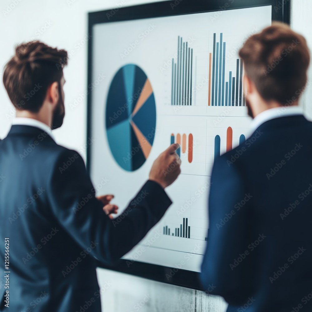 Aufkleber two professionals discussing financial data displayed on a screen with graphs and charts in a modern