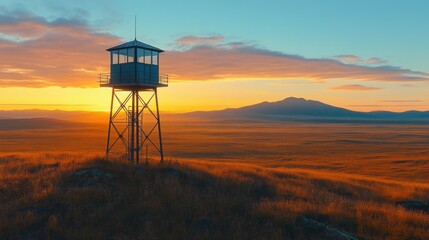 Sunset watchtower, prairie, mountains, sunrise, security