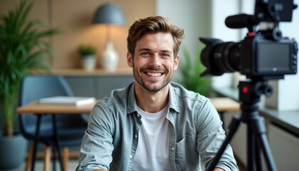 Young businessman gives video testimonial in modern office. Relaxed, smiling man in casual attire records corporate video. Indoor scene. Pro, tech savvy. Happy man in casual shirt. Pro communication.