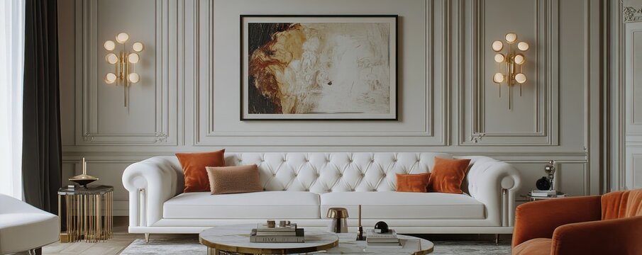 Elegant interior design featuring white sofa and abstract art with modern lighting