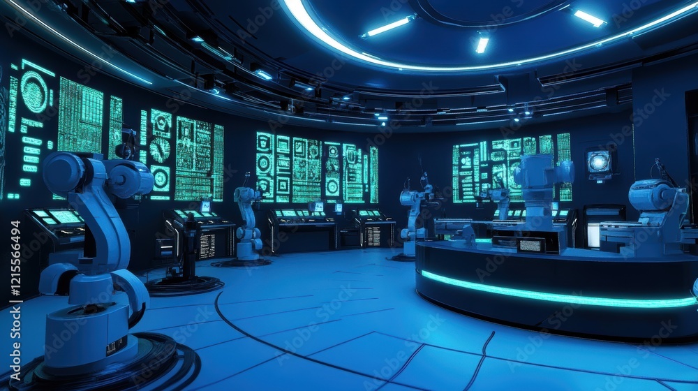 Poster multiple robotic arms are performing tasks in a futuristic control room, surrounded by glowing scree