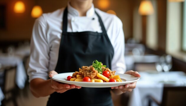 Elegant hotel waitress serving delicious meal on plate. Food looks appetizing, well presented on white plate. Waitress wearing professional uniform in elegant restaurant. Woman with white shirt,
